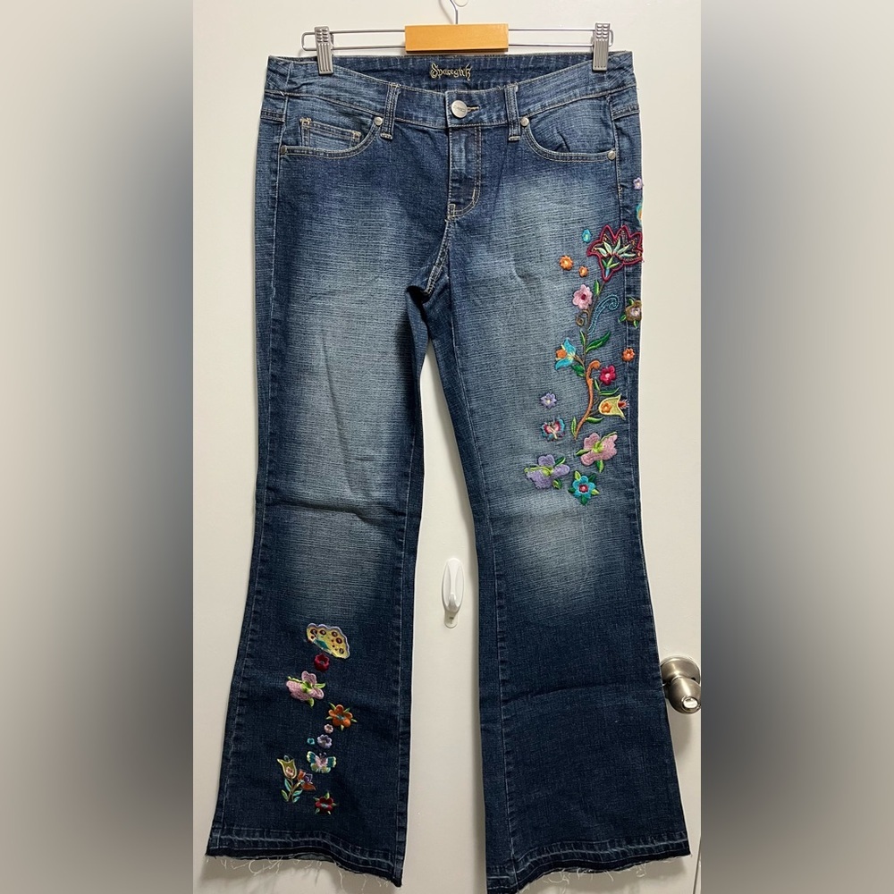 Vintage Y2K Spacegirlz Low Rise Embroidered Flare Blue Denim Jeans Size 13